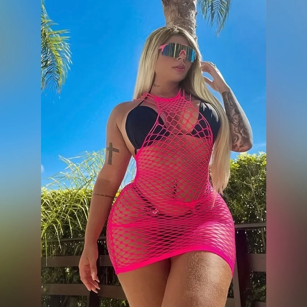 Womens Sexy Neon Pink Fishnet Swimsuit Coverup Bodycon Dress One Size